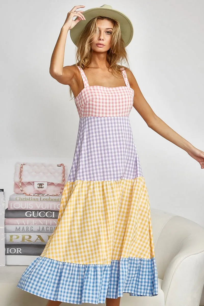 Color Block Tiered Gingham Dress - Tigbul's Variety Fashion Shop