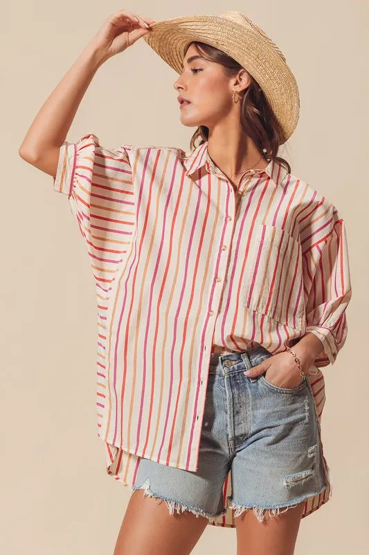 Pink Multicolored Stripe Button Down Shirt - Tigbul's Variety Fashion Shop