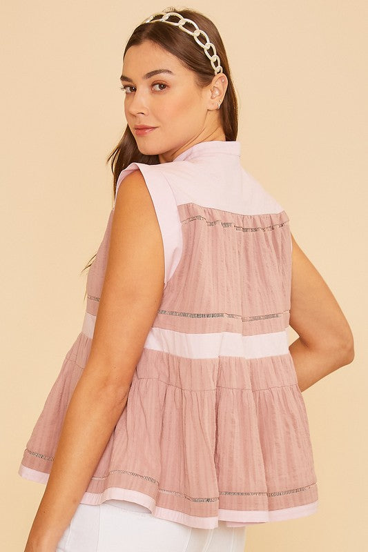 Pink Contrast Trim Peplum Button Detail Blouse - Tigbul's Variety Fashion Shop