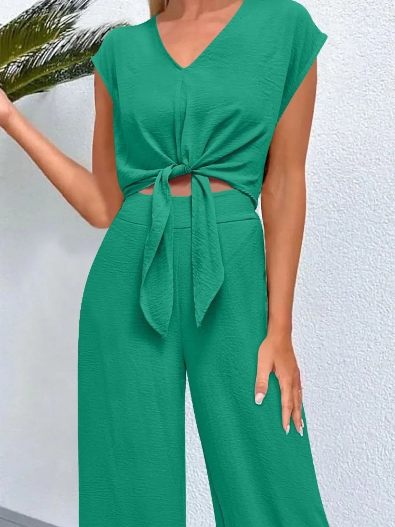 Tie Front Top and Wide Leg Pants Set - Tigbul's Variety Fashion Shop