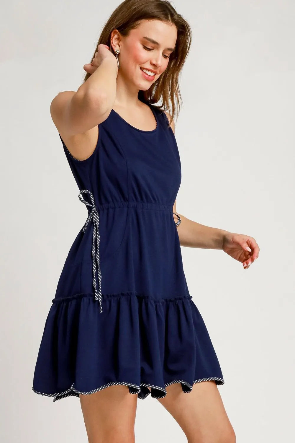 Umgee Frill Drawstring Waist Round Neck Mini Tank Dress - Tigbul's Variety Fashion Shop