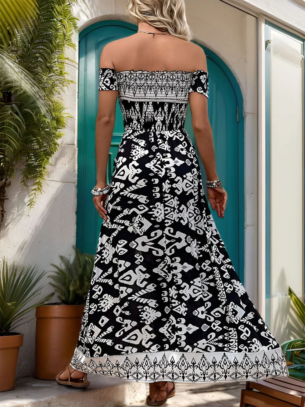 Black Slit Printed Off-Shoulder Dress - Tigbul's Variety Fashion Shop