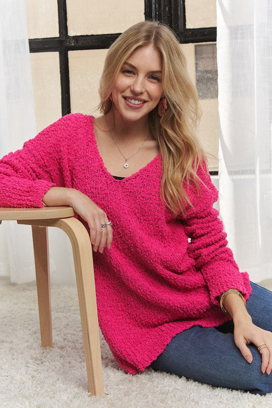 Hot Pink High-Low Side Slit V-Neck Sweater - Tigbul's Variety Fashion Shop