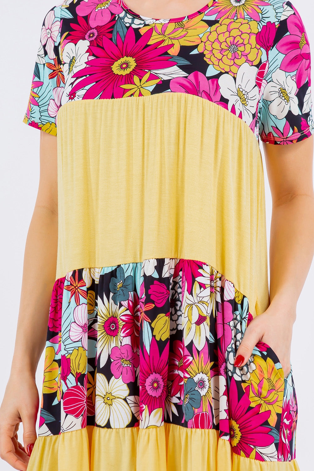 Celeste Full Size Color Block Floral Round Neck Short Sleeve Dress - Tigbul's Variety Fashion Shop
