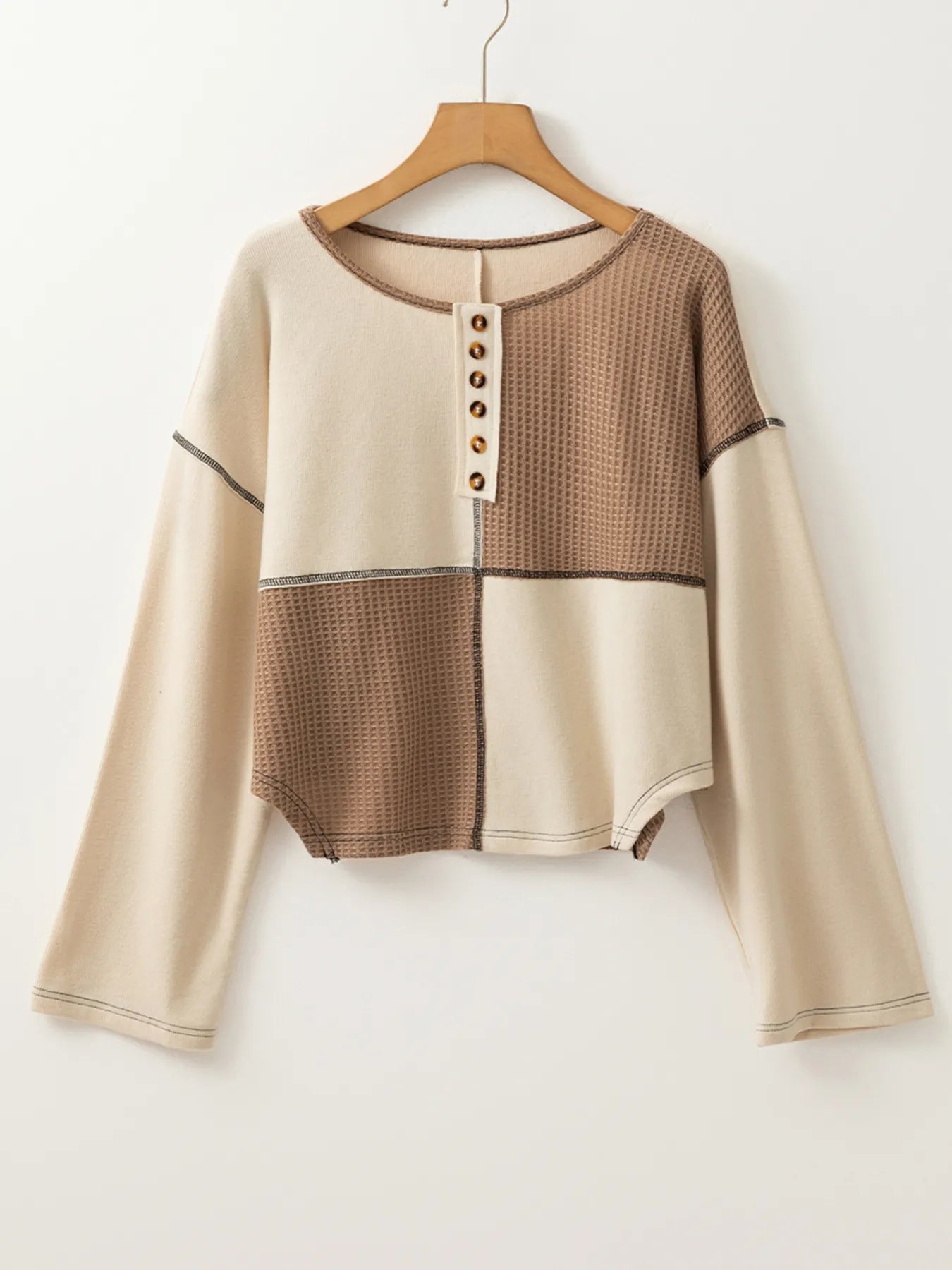 Color Block Waffle Knit Stitch Detail Long Sleeve Top - Tigbul's Variety Fashion Shop