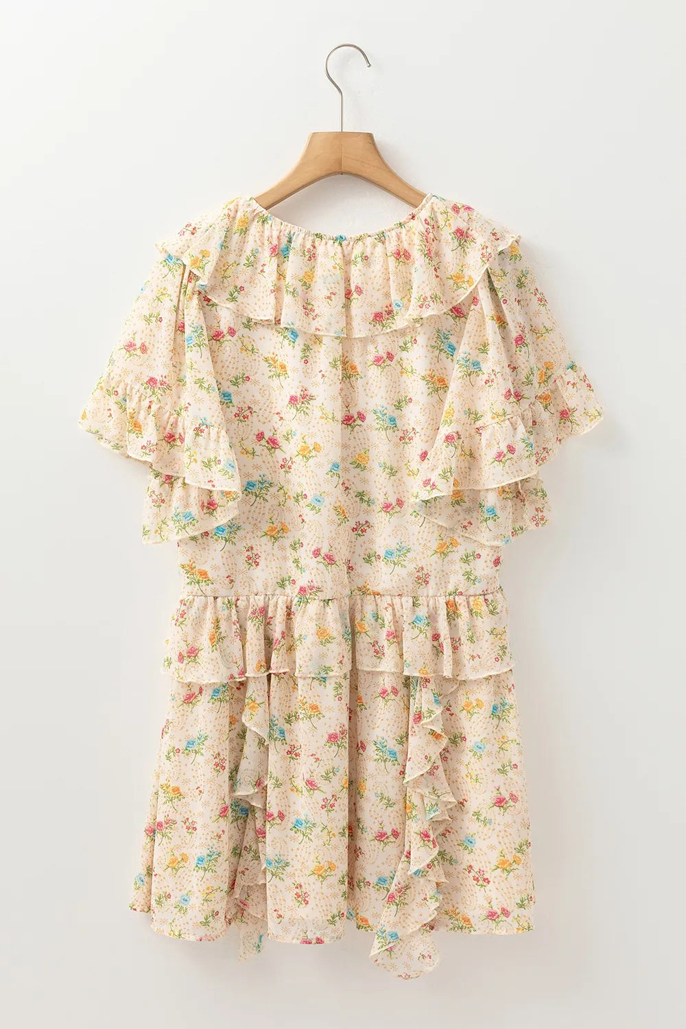 Boho Floral Tassel Tie V Neck Ruffle Wide Sleeve Mini Dress - Tigbul's Variety Fashion Shop