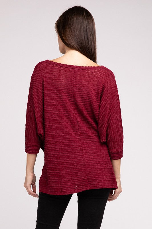3/4 Sleeve V-Neck Hi-Low Hem Jacquard Sweater - Tigbul's Variety Fashion Shop