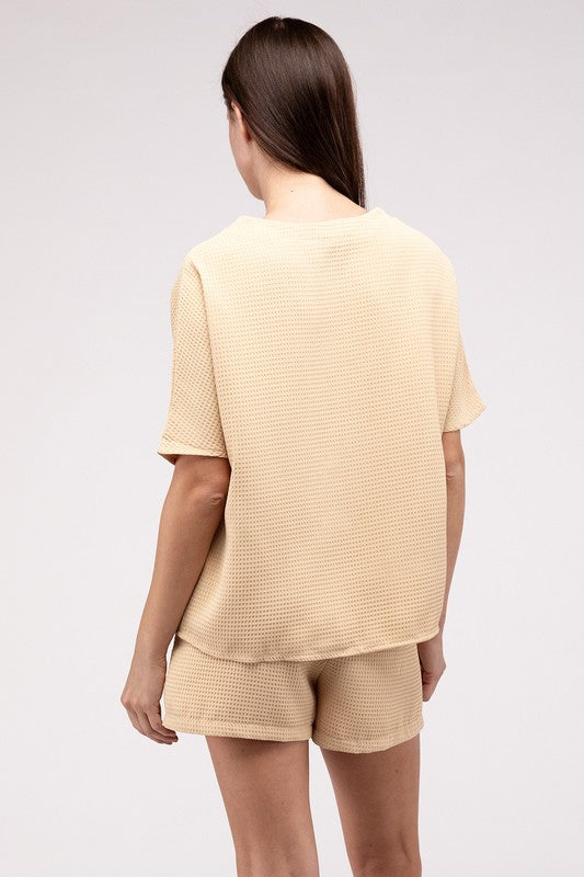 Waffle Round Neck Top and Short Set - Tigbul's Variety Fashion Shop