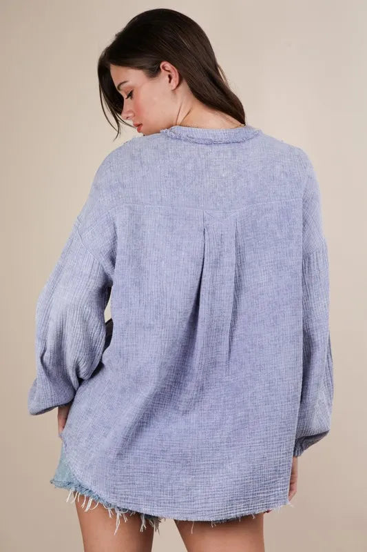 Blue Plus Size Washed Cotton Gauze Oversized Top - Tigbul's Variety Fashion Shop