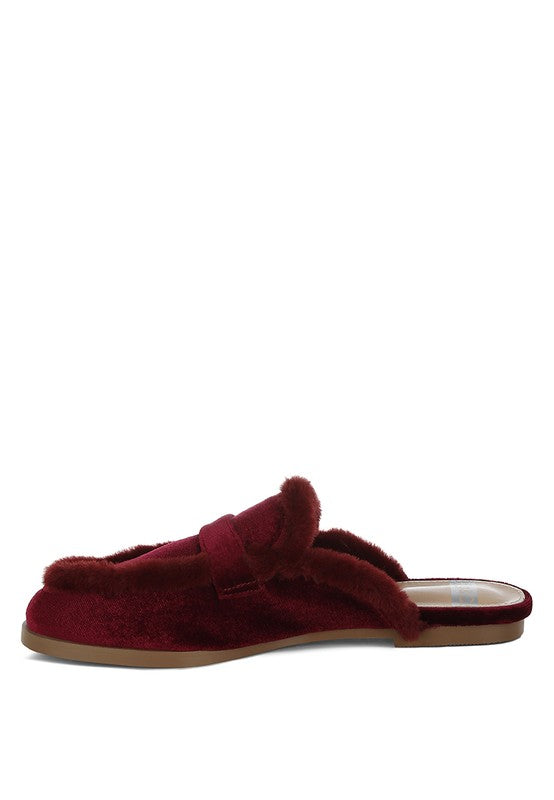 Seyhan Fur Detail Velvet Slip-On Mules - Tigbul's Variety Fashion Shop