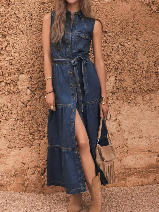 Button Front Sleeveless Denim Dress - Tigbul's Variety Fashion Shop