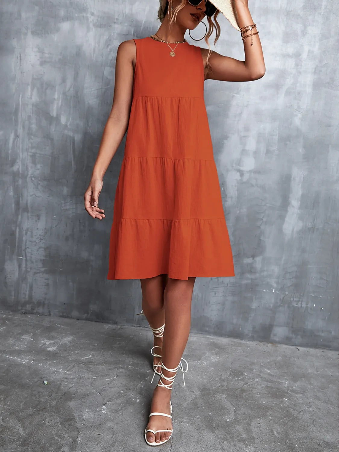 Tiered Round Neck Sleeveless Mini Tank Dress - Tigbul's Variety Fashion Shop