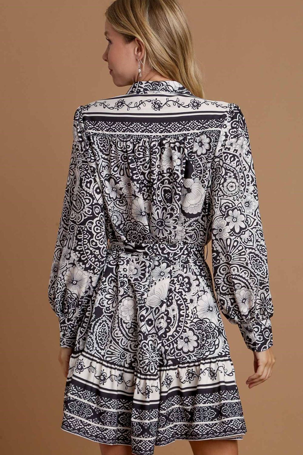Umgee Full Size Two Tone Floral Border Print Tie Waist Mini Dress Plus Size - Tigbul's Variety Fashion Shop