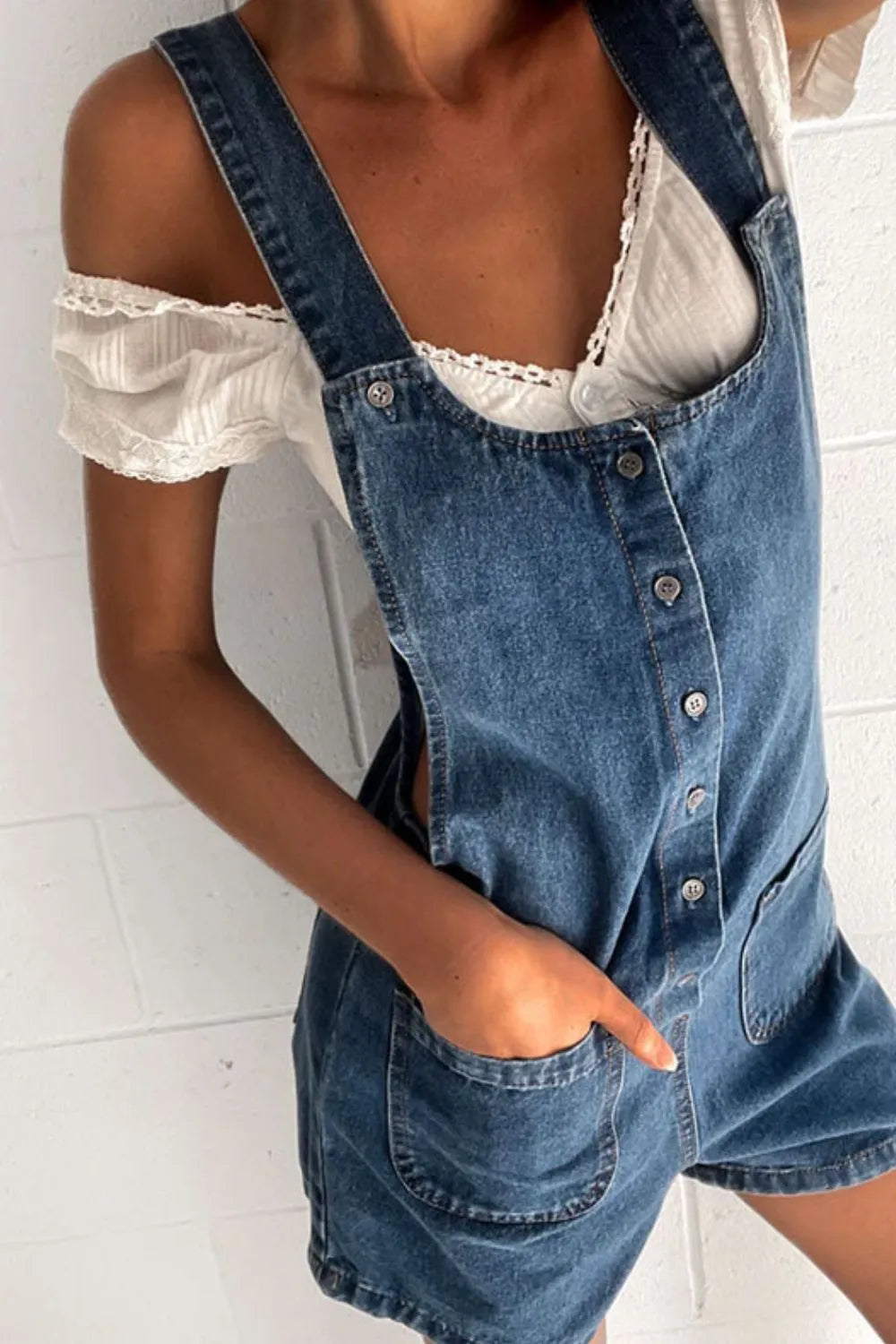 Button Front Denim Overall Shorts with Front Pockets - Tigbul's Variety Fashion Shop