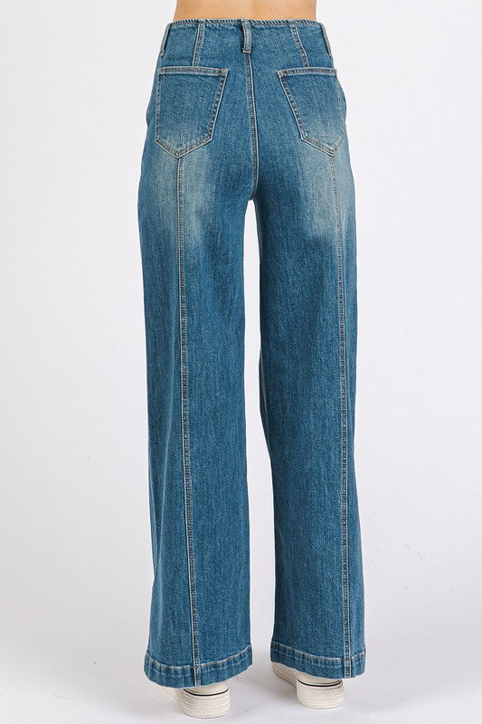 Blue Medium Wash Seam Detail Wide Leg Denim Jeans - Tigbul's Variety Fashion Shop