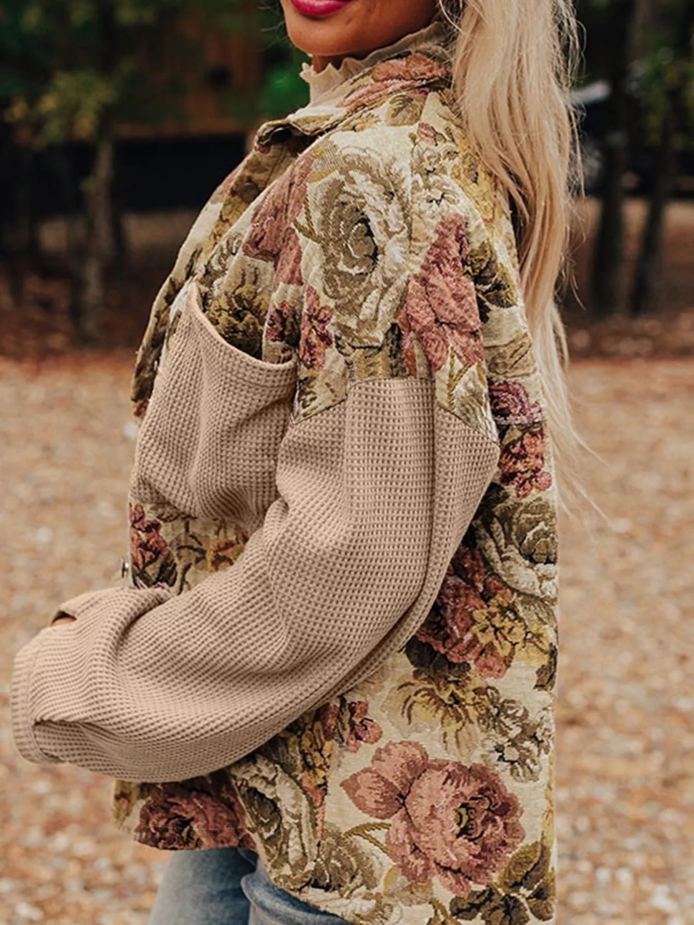 Floral Waffle Knit Patchwork Chest Pockets Buttoned Jacket - Tigbul's Variety Fashion Shop