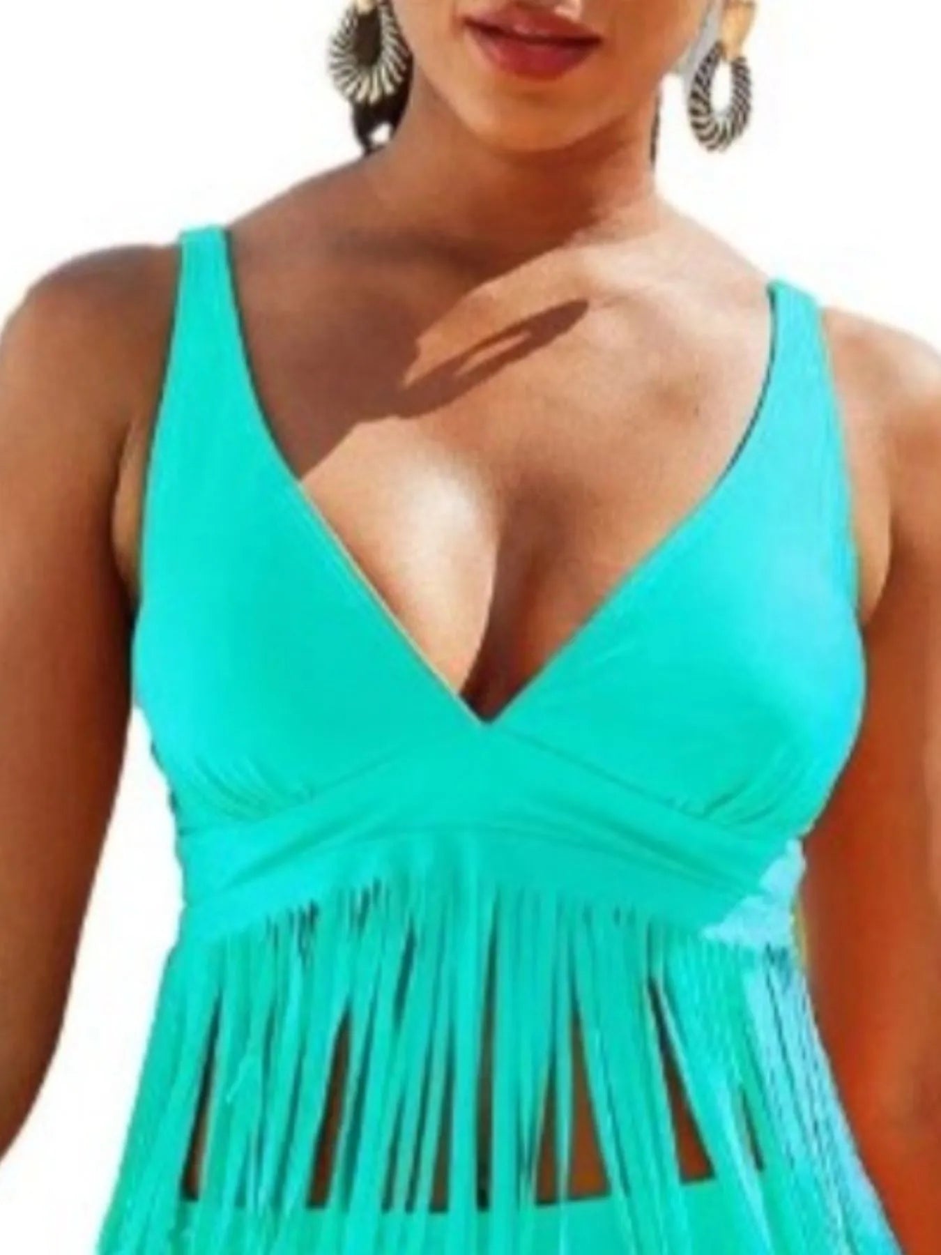 Plus Size Fringe V-Neck Tankini Swim Set - Tigbul's Variety Fashion Shop