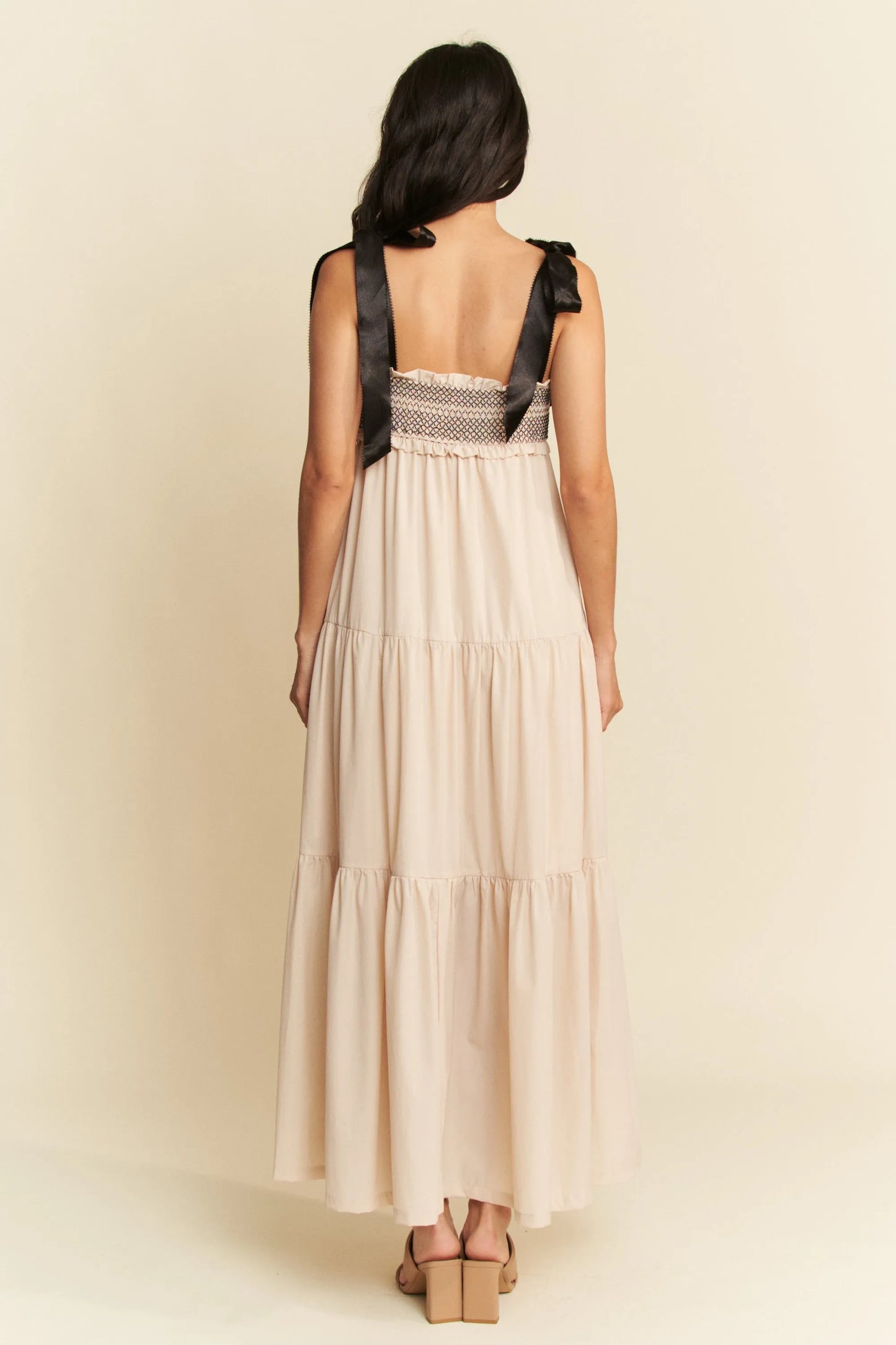 Beige Multi Contrast Smocked Bodice Straps Maxi Dress - Tigbul's Variety Fashion Shop