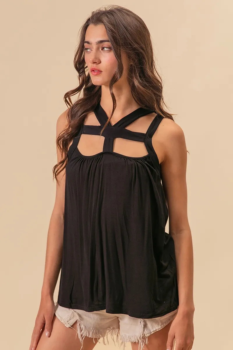 Black Rayon Span Jersey Cut Out with Straps Detailed - Tigbul's Variety Fashion Shop