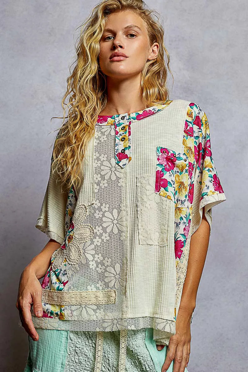 POL Lace Round Neck Short Sleeve Floral Pattern Top with Patch Detail - Tigbul's Variety Fashion Shop