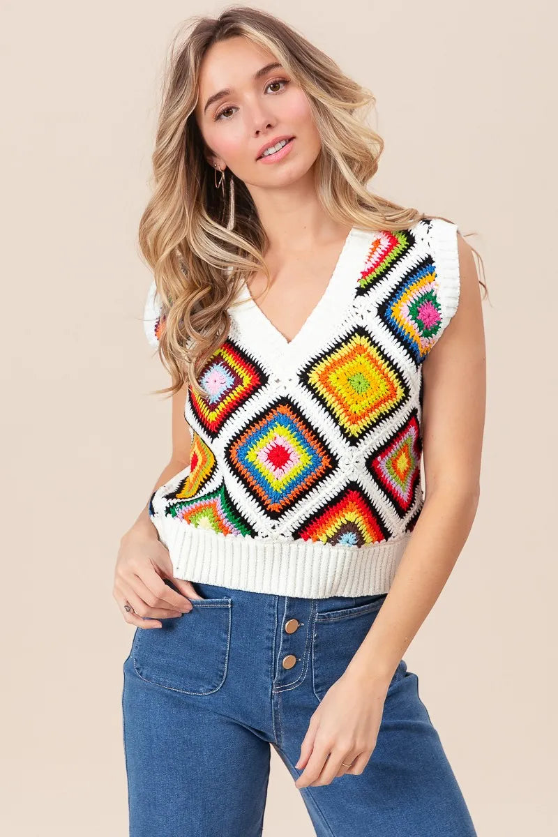 BiBi Diamond Granny Square Sweater Vest - Tigbul's Variety Fashion Shop