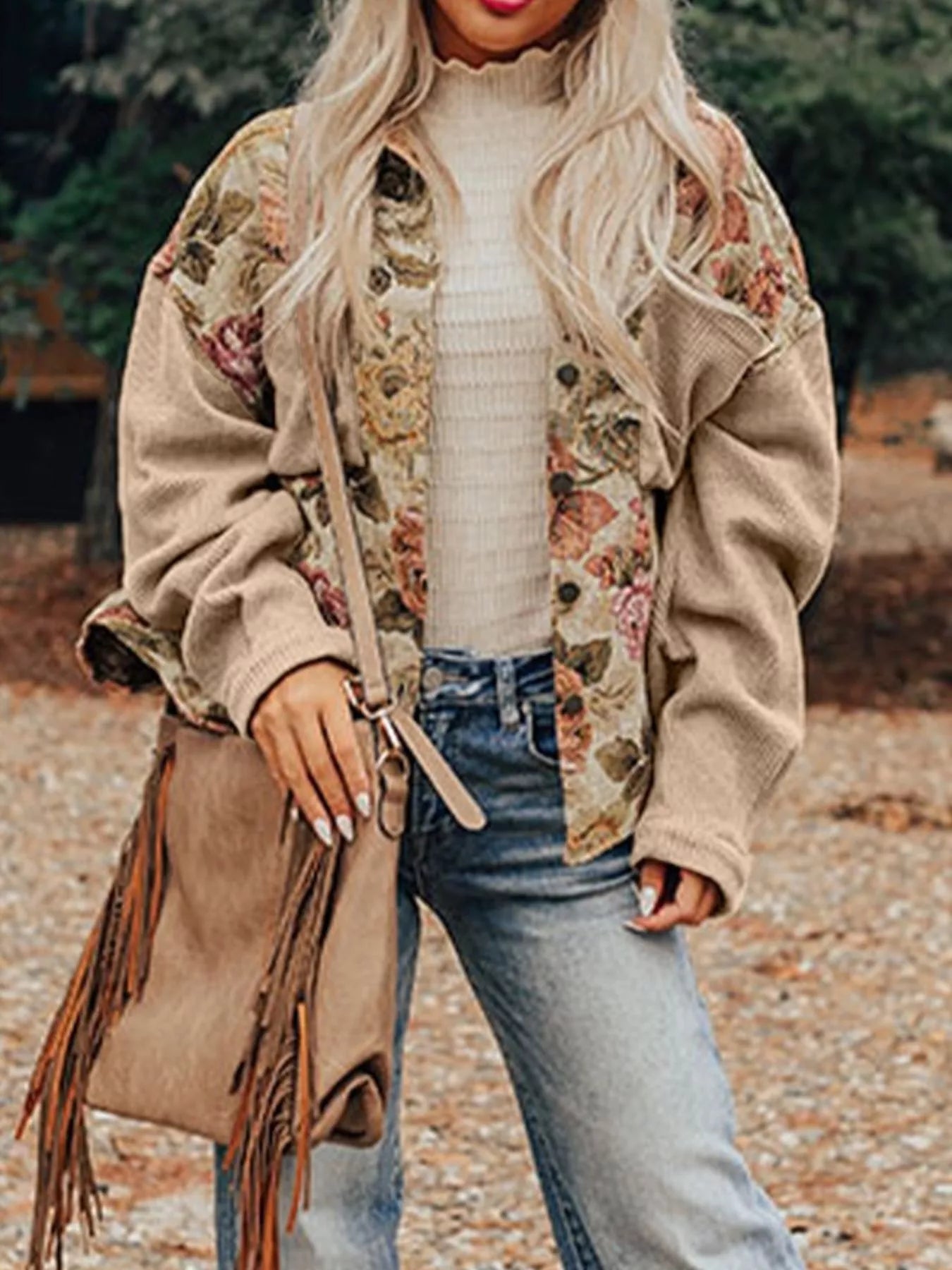Floral Waffle Knit Patchwork Chest Pockets Buttoned Jacket - Tigbul's Variety Fashion Shop