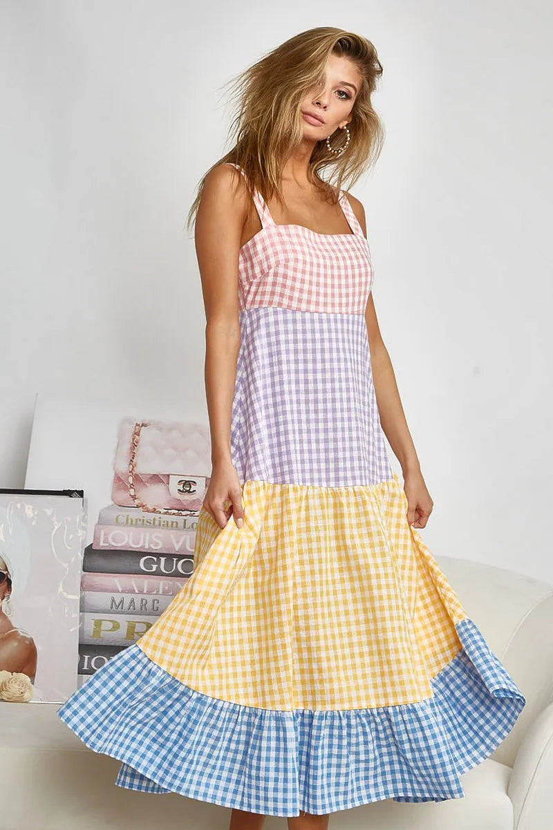 Color Block Tiered Gingham Dress - Tigbul's Variety Fashion Shop