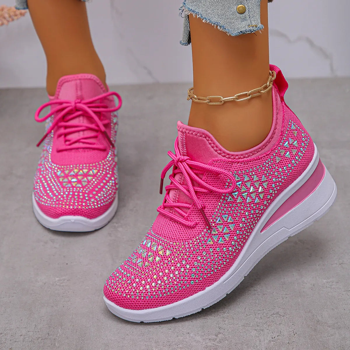 Breathable Mesh Rhinestone Wedge Athletic Sneakers - Tigbul's Variety Fashion Shop