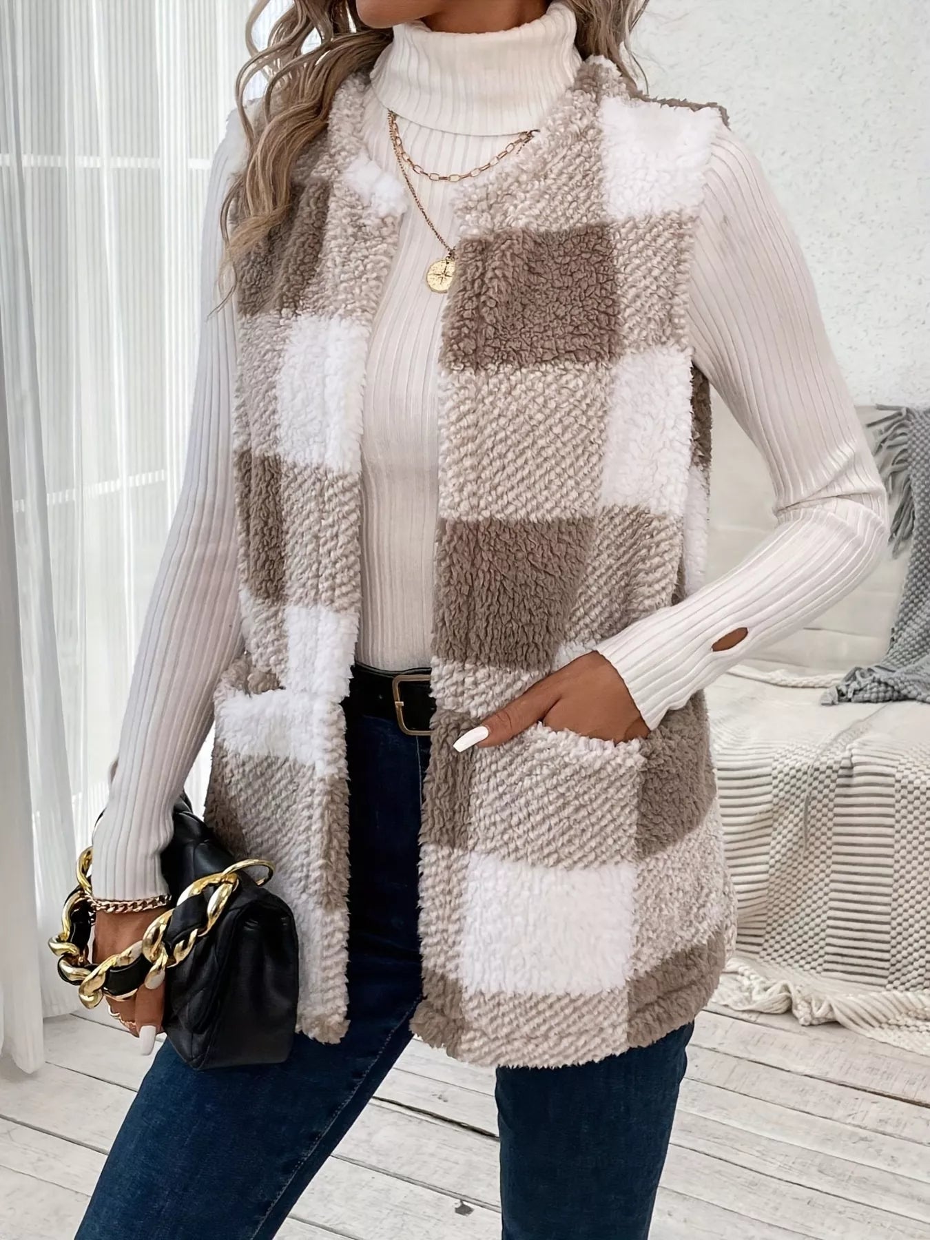 Plaid Sherpa Vest Coat with Pockets - Tigbul's Variety Fashion Shop