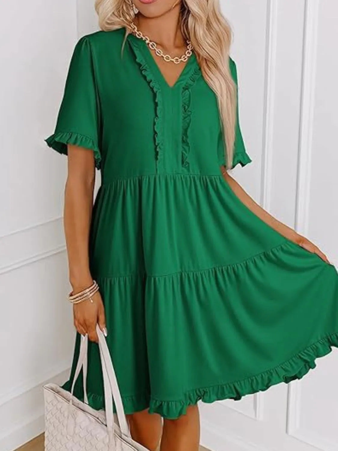 Tiered Notched Short Sleeve Mini Dress - Tigbul's Variety Fashion Shop