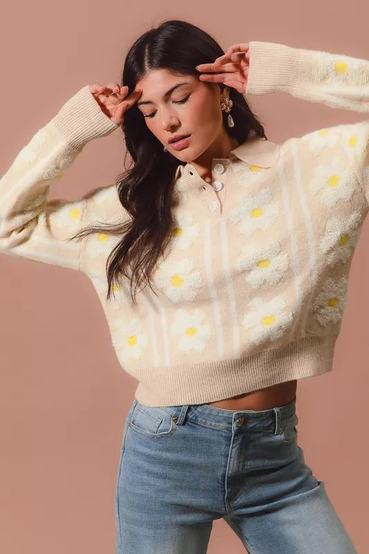 Floral Stripe Polo Collar Sweater - Tigbul's Variety Fashion Shop