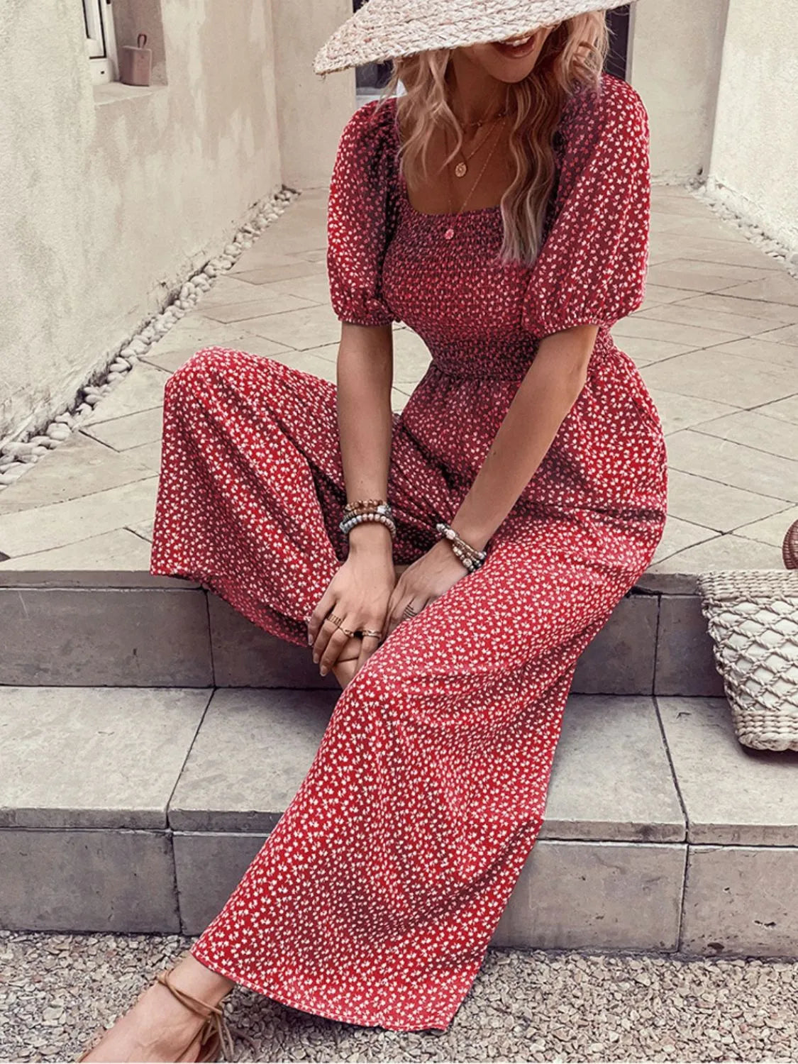 Printed Square Neck Puff Sleeve Jumpsuit - Tigbul's Variety Fashion Shop