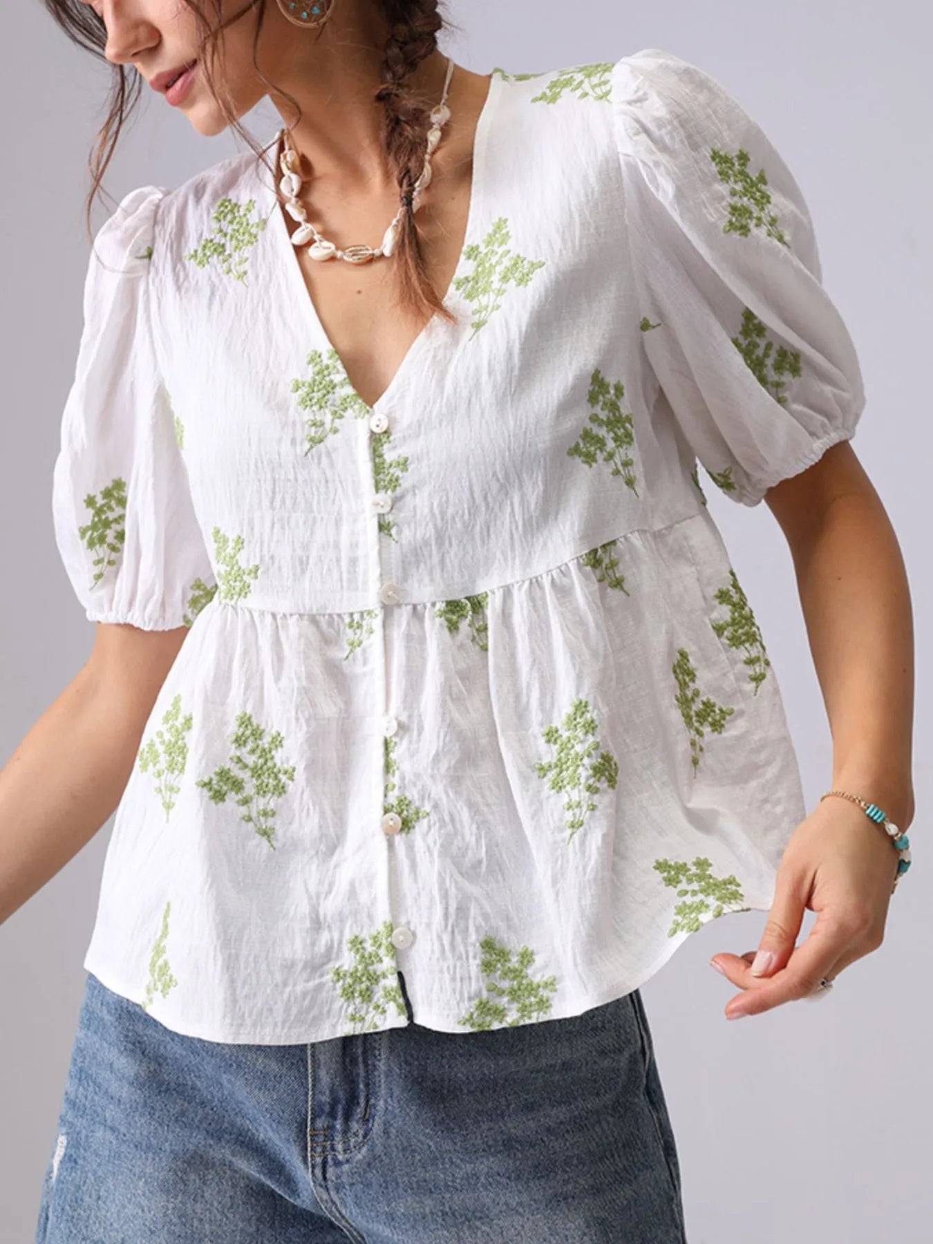 Embroidered V-Neck Puff Sleeve Peplum Blouse - Tigbul's Variety Fashion Shop