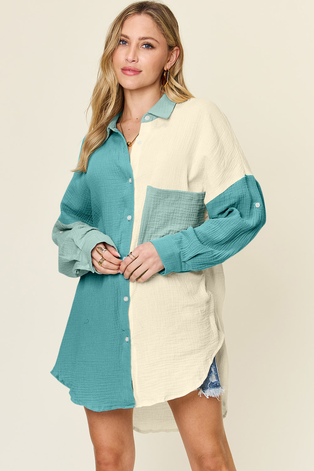 Pocketed Texture Button Up Shirt - Tigbul's Variety Fashion Shop