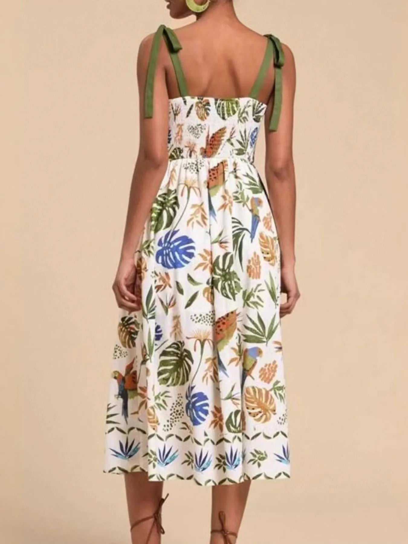 Tropical Print Tie-Shoulder Sweetheart Neck Midi Dress - Tigbul's Variety Fashion Shop