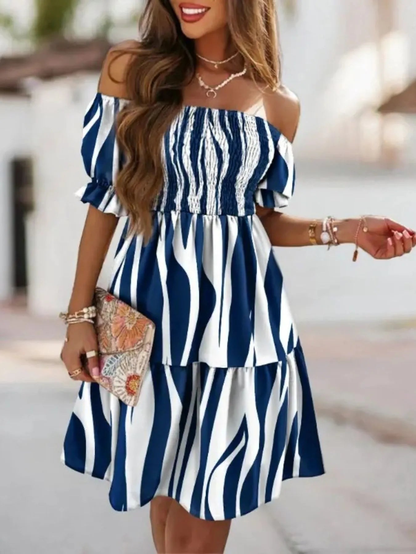 Off Shoulder Smocked Summer Dress - Tigbul's Variety Fashion Shop
