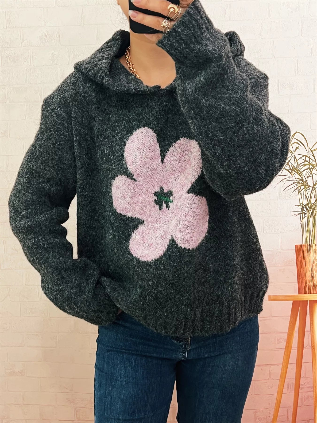 Flower Long Sleeve Hooded Sweater - Tigbul's Variety Fashion Shop
