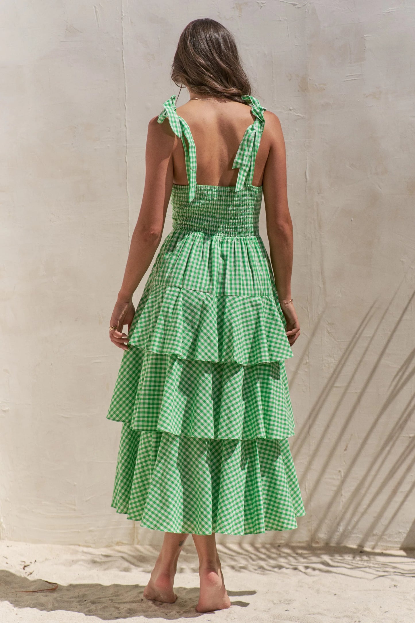 Sleeveless Gingham Print Tiered Green Midi Dress - Tigbul's Variety Fashion Shop