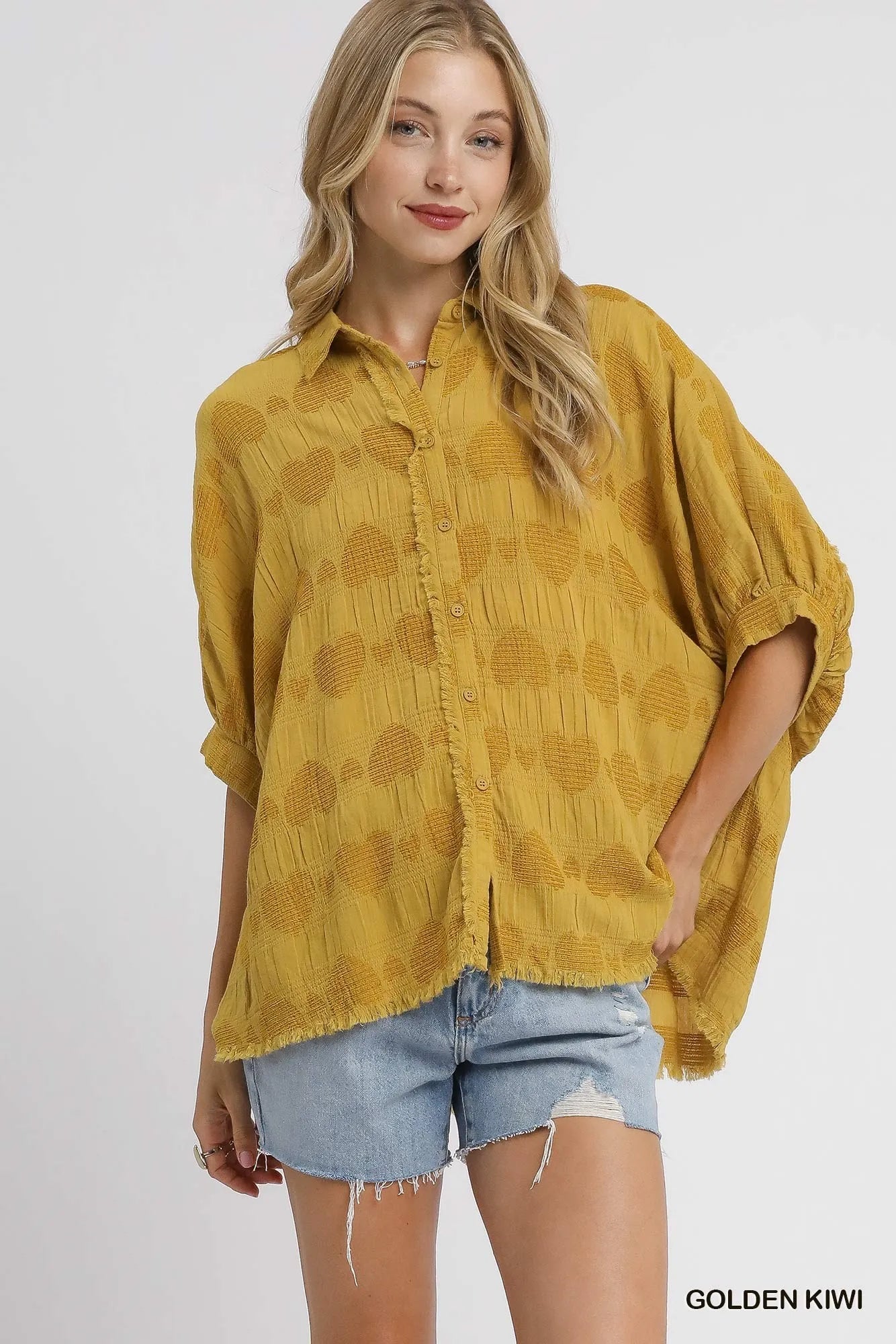 Umgee Jacquard Heart Collared Shirt - Tigbul's Variety Fashion Shop