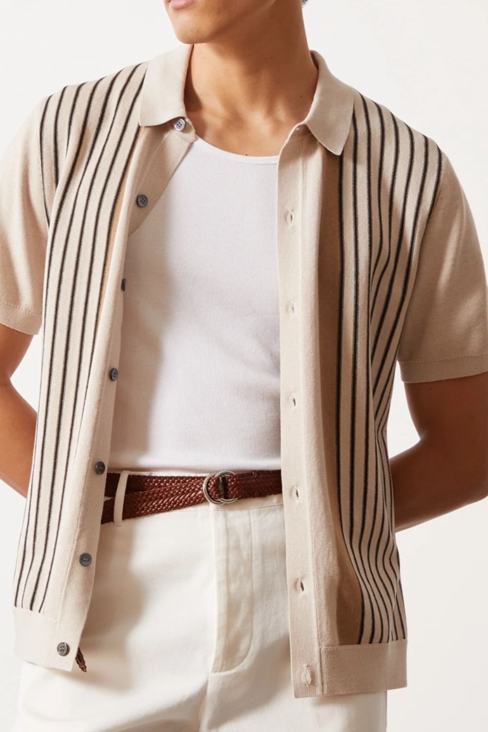 Men's Size L to 3XL Beige Striped Buttoned Short Sleeve Shirt - Tigbul's Variety Fashion Shop