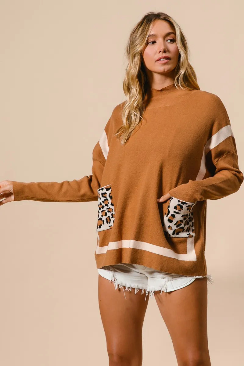 BiBi Mock Neck Sweater with Leopard Pocket - Tigbul's Variety Fashion Shop