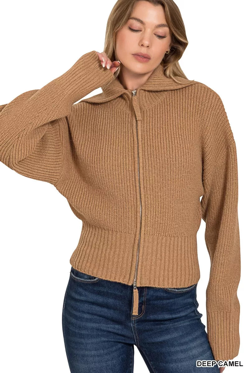Zenana Ribbed Collared Zip Up Sweater Cardigan - Tigbul's Variety Fashion Shop