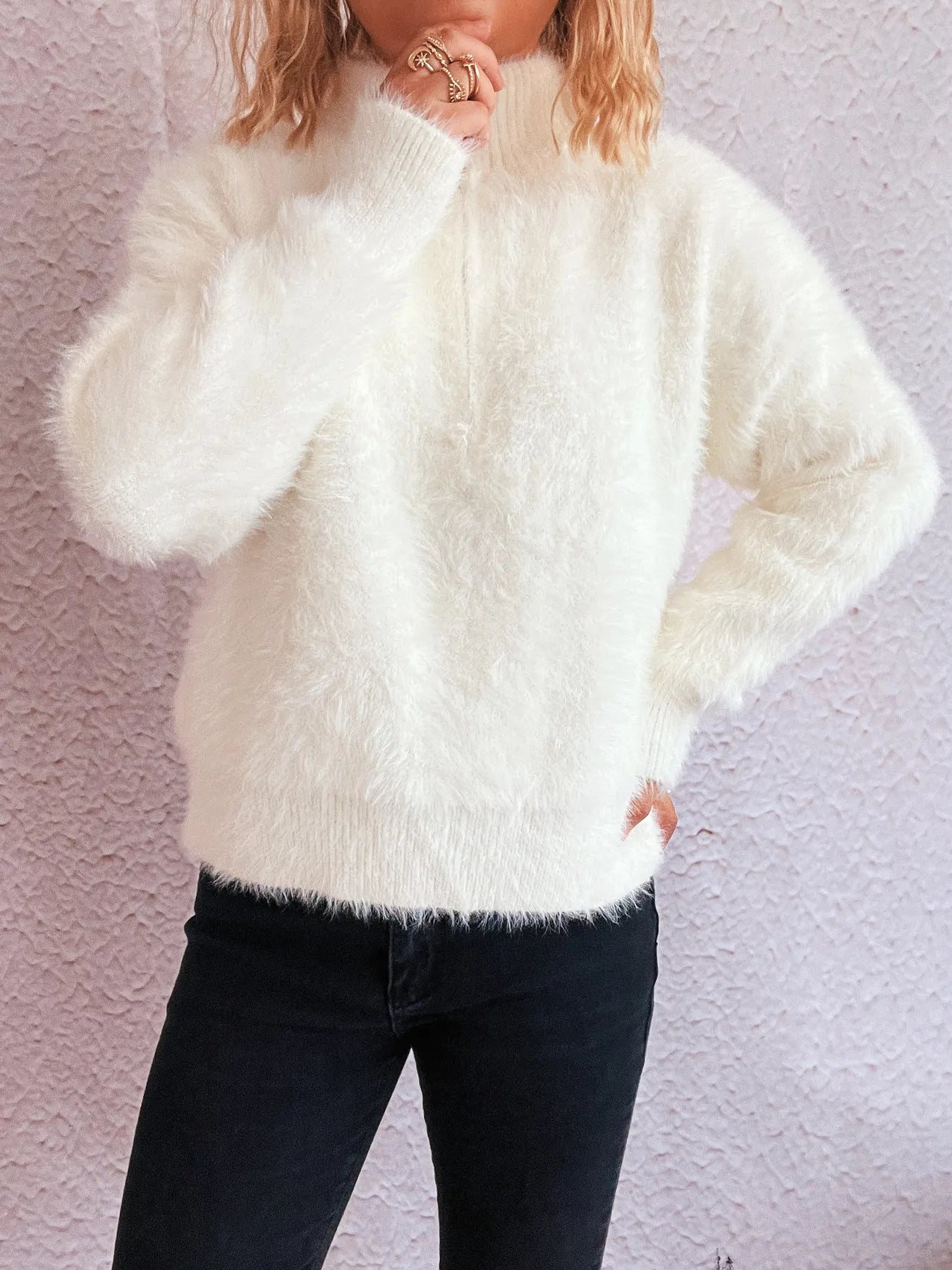 Cozy Fuzzy Half-Zip Sweater - Tigbul's Variety Fashion Shop