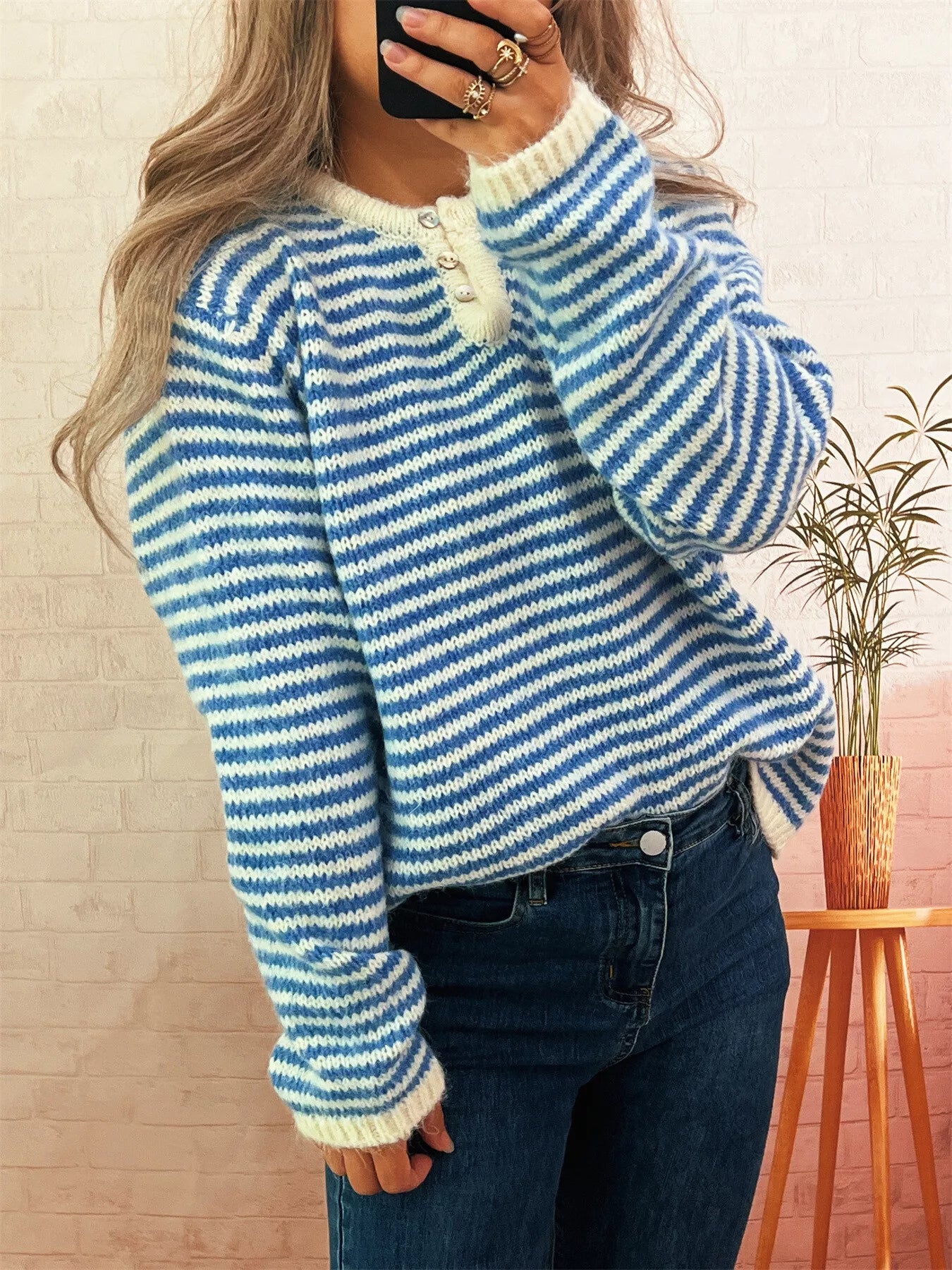 Striped Button Detail Long Sleeve Sweater - Tigbul's Variety Fashion Shop