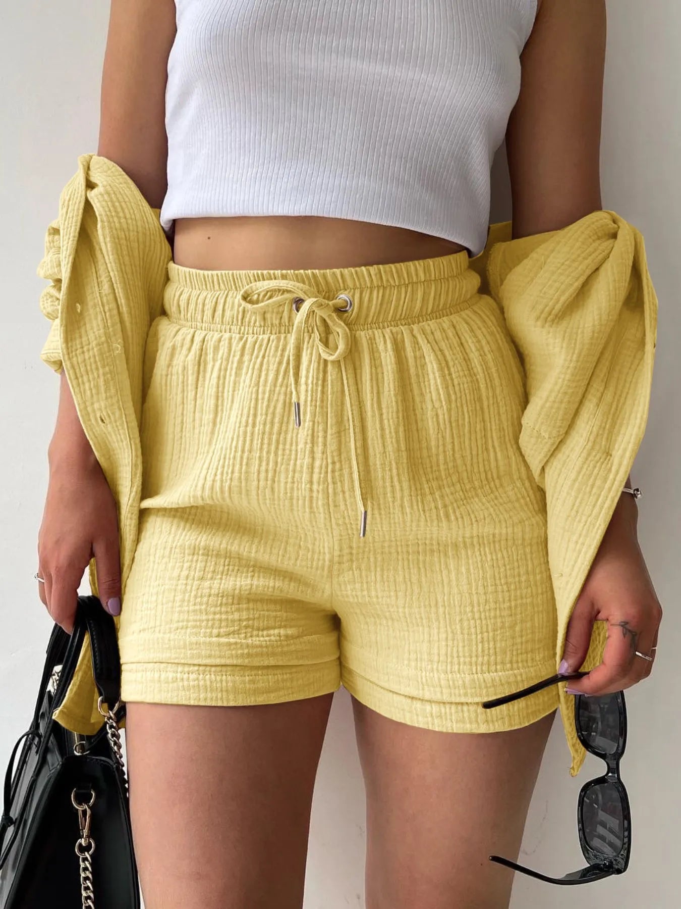 Textured Button Up Shirt and Shorts Set - Tigbul's Variety Fashion Shop