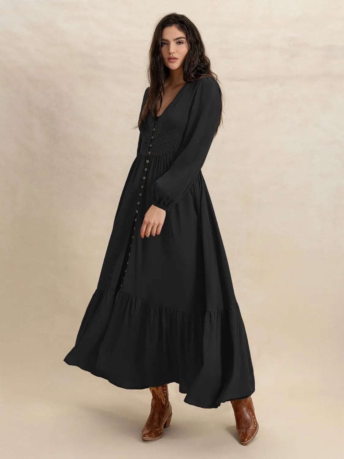 V-Neck Long Sleeve Dress - Tigbul's Variety Fashion Shop