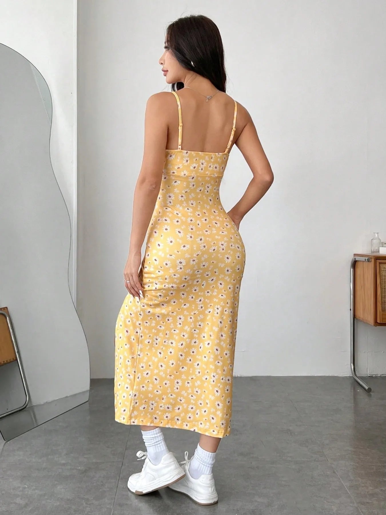 Daisy Print Cami Midi Dress with Slit - Tigbul's Variety Fashion Shop