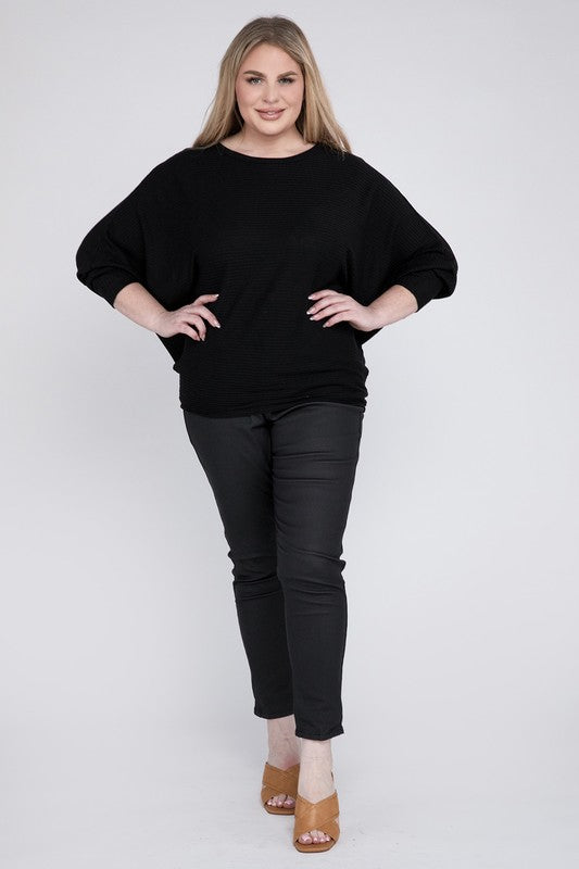 Plus Ribbed Batwing Long Sleeve Boat Neck Sweater - Tigbul's Variety Fashion Shop