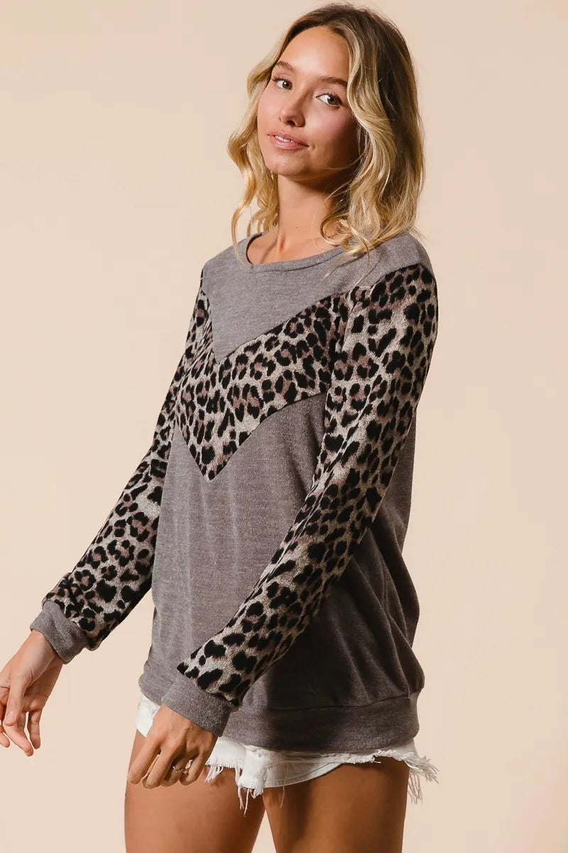 BiBi Sweater Knit Top With Leopard V Shape Block - Tigbul's Variety Fashion Shop