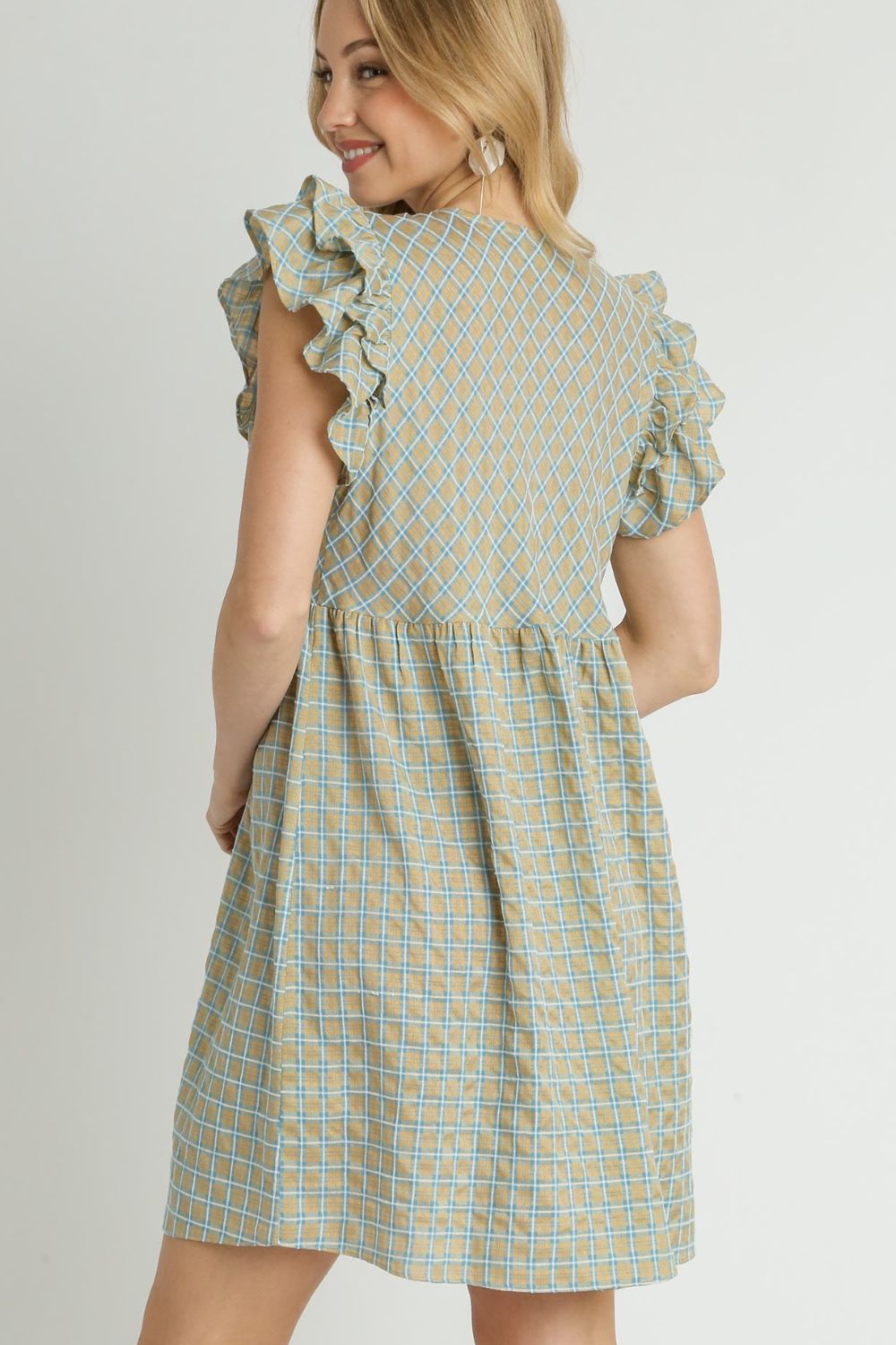 Umgee Full Size Plaid V-Neck Ruffle Cap Sleeve Dress Plus Size - Tigbul's Variety Fashion Shop
